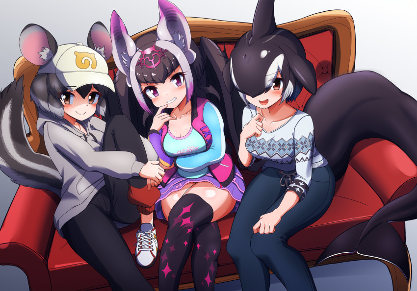 3girls, animal_ears, arm_rest, arm_under_breasts, baseball_cap, bat_ears, bat_girl, bat_wings