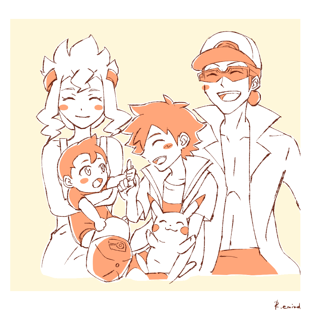2boys, 2girls, artist_name, ash_ketchum, baby, baby_carry, baseball_cap, professor_burnet