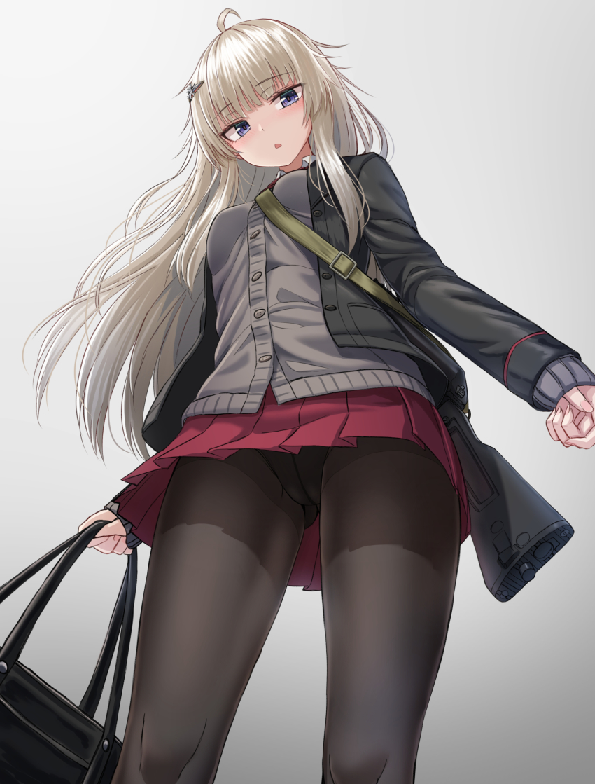 1girl, ahoge, ak-74m, ak74m_(girls'_frontline), assault_rifle, bag, black_jacket, black_pantyhose