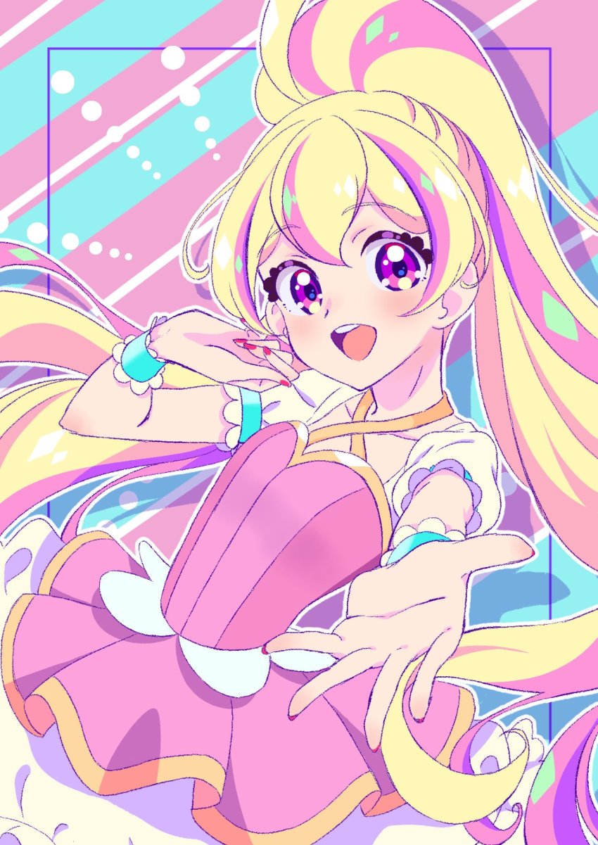 1girl, :d, aikatsu!_(series), aikatsu_planet!, bad_id, bad_pixiv_id, blonde_hair, blush
