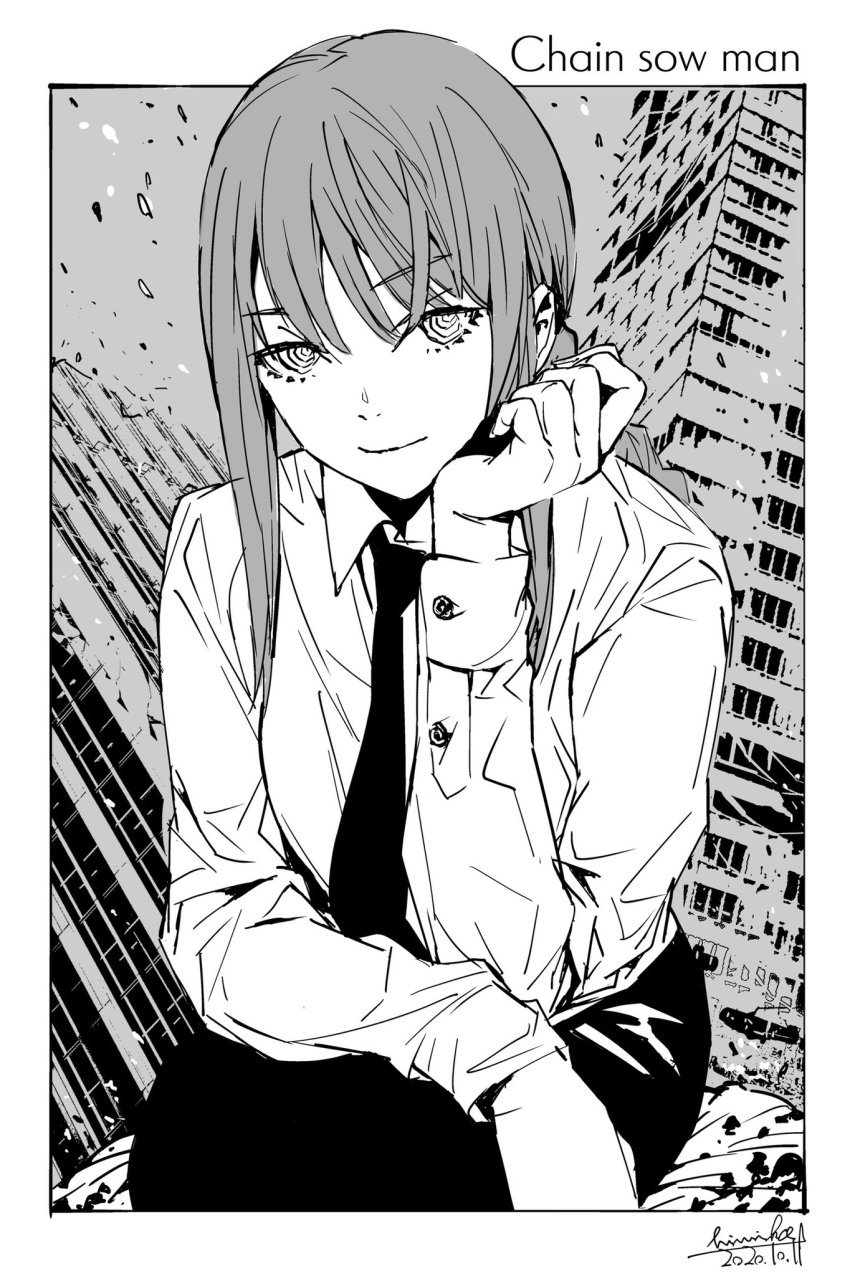 1girl, black_necktie, black_pants, braid, braided_ponytail, breasts, business_suit, buttoned_cuffs