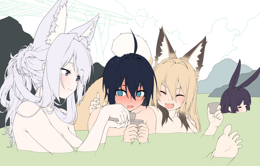 1boy, 3girls, :d, =_=, @_@, ahoge, androgynous, animal_ears