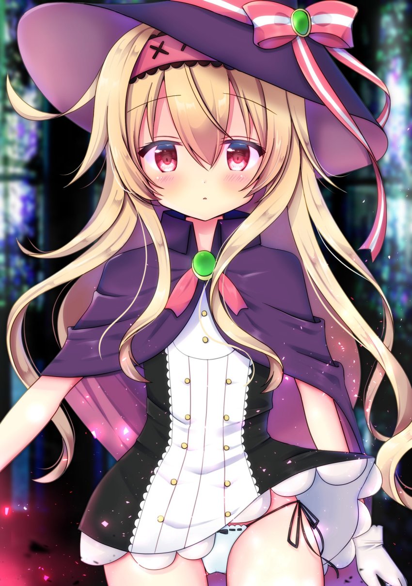 1girl, black_dress, blonde_hair, blurry, blurry_background, blush, bow, bow_panties