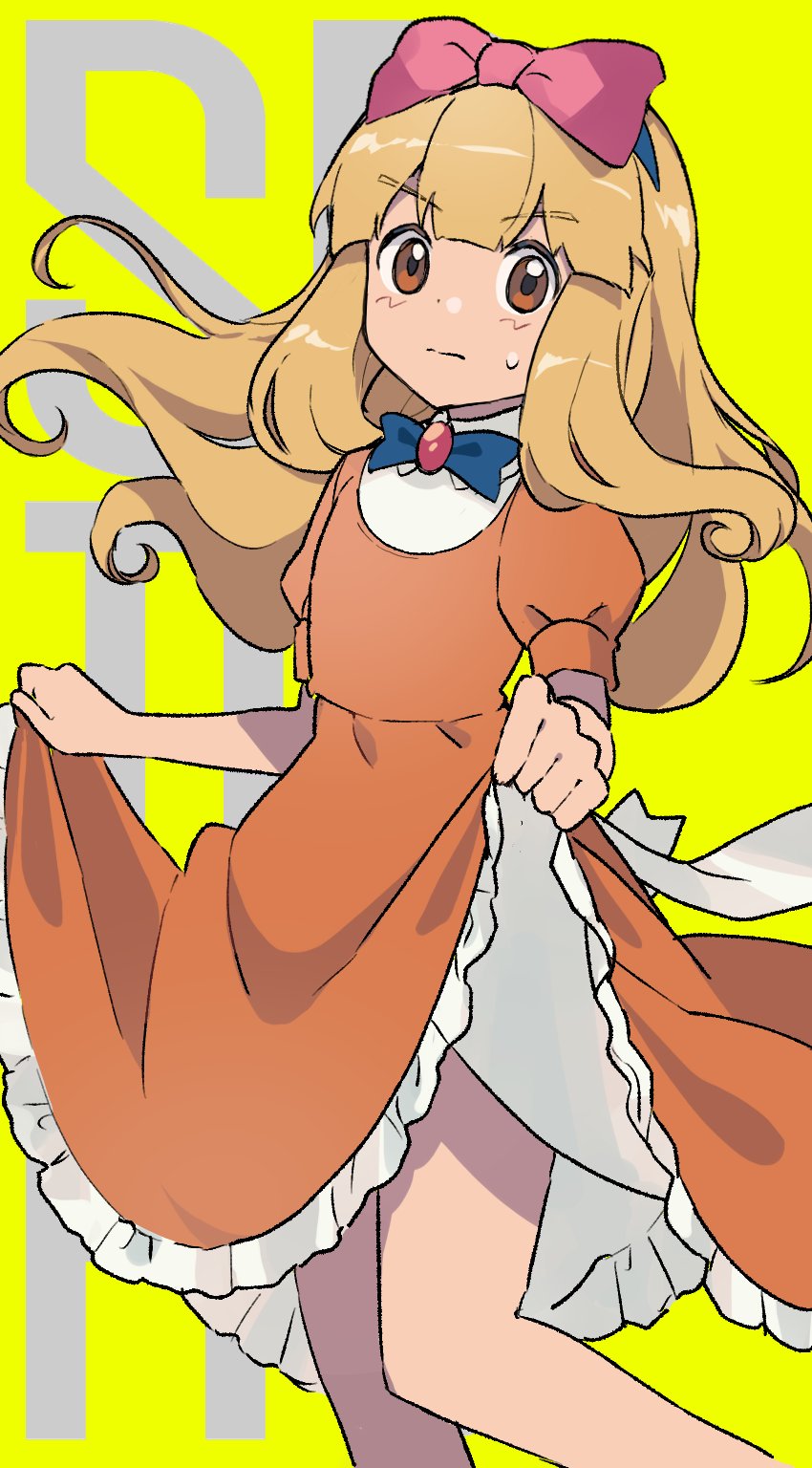 1boy, 1paku54, ash_ketchum, ashley_(pokemon), bad_id, bad_twitter_id, blonde_hair, bow, closed_mouth, clothes_lift, commentary_request, crossdressing, crossdressing_(mtf), dress, dress_lift, embarrassed, frills, hair_bow, highres, holding, holding_own_dress, holding_unworn_clothes, lifting_own_clothes, long_hair, looking_at_viewer, male_focus, nintendo, orange_dress, pink_bow, pokemon, pokemon_(anime), pokemon_(classic_anime), solo, sweatdrop
