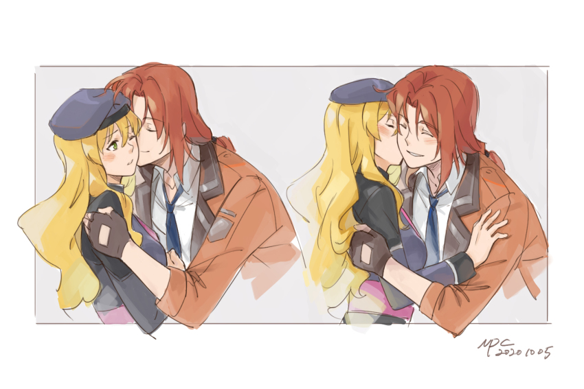 1boy, 1girl, beret, blonde_hair, blush, brown_hair, kissing_cheek, coat