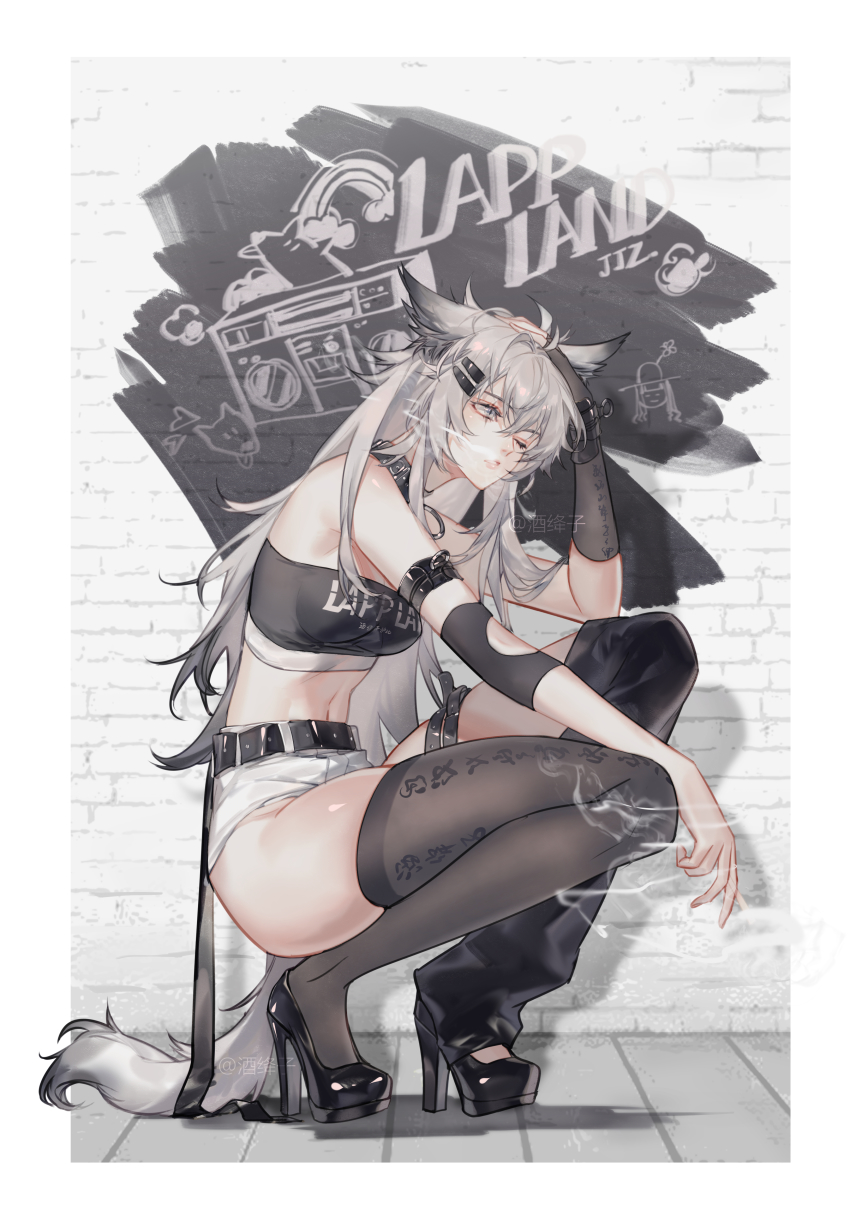 1girl, absurdres, alternate_costume, animal_ears, arknights, armband, bandeau, bare_shoulders, belt, black_belt, black_choker, black_footwear, black_thighhighs, breasts, character_name, chinese_commentary, choker, clothes_writing, commentary_request, drop_shadow, graffiti, grey_eyes, hair_ornament, hairclip, high_heels, highres, jiujiangzi_benren, lappland_(arknights), long_hair, medium_breasts, midriff, navel, one_eye_closed, parted_lips, silver_hair, solo, squatting, stomach, strapless, tail, thighhighs, thighs, tube_top, very_long_hair, wolf_ears, wolf_tail