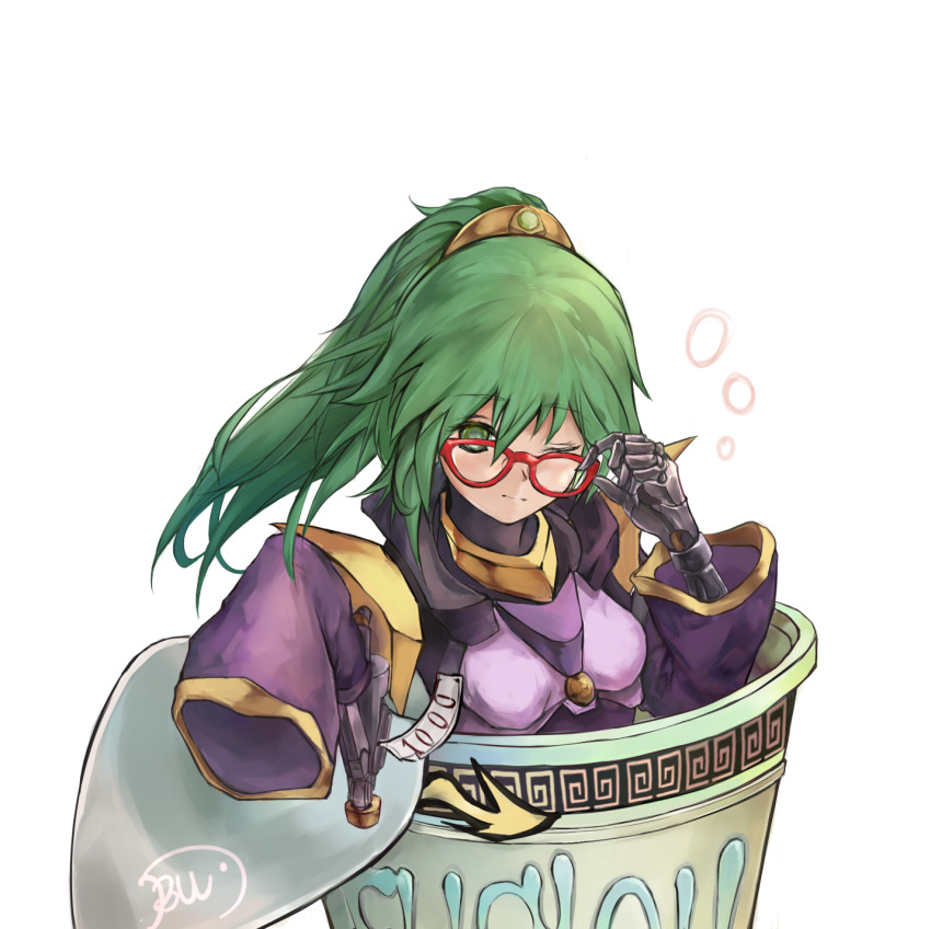 1girl, adjusting_eyewear, breasts, cup, instant_cup_noodles, duel_monster, el_shaddoll_winda, gishihi