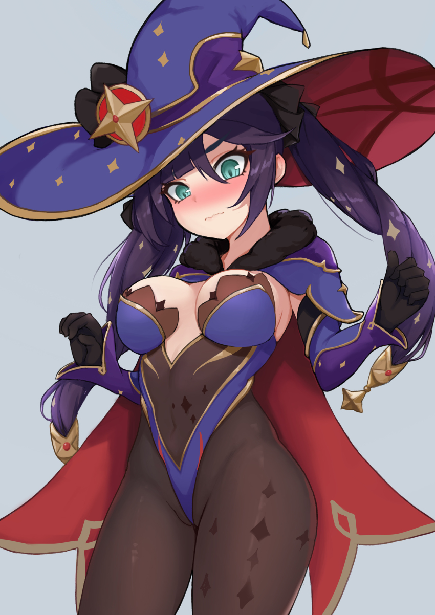 1girl, absurdres, alternate_breast_size, aqua_eyes, black_bow, black_gloves, black_pantyhose, blush, bodystocking, bow, breast_conscious, breasts, breasts_apart, cameltoe, cape, covered_navel, cowboy_shot, detached_sleeves, embarrassed, fur_trim, genshin_impact, gloves, hair_ornament, hair_ribbon, half-closed_eyes, hat, highres, kkusak_(kkusag_ks), leotard, long_hair, medium_breasts, mona_(genshin_impact), pantyhose, purple_hair, revealing_clothes, ribbon, solo, star_(symbol), star_hair_ornament, thong_leotard, twintails, wavy_mouth, witch_hat