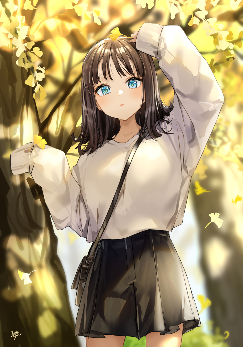 1girl, absurdres, arm_up, bag, beige_sweater, between_breasts, black_bag, blue_eyes