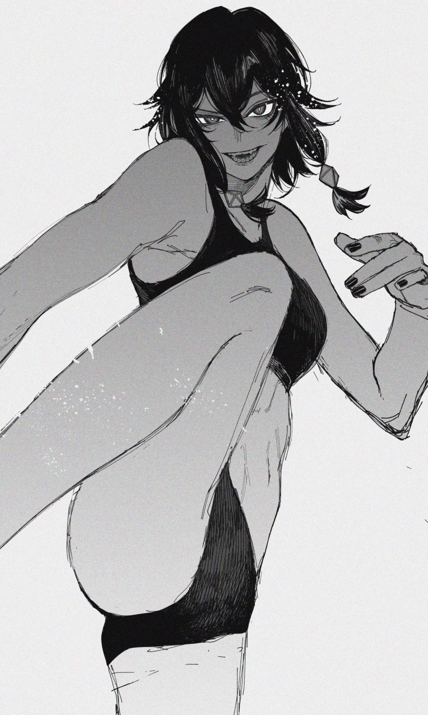 1girl, bare_shoulders, female_focus, fighting_stance, greyscale, highres, leg_lift, looking_at_viewer, monochrome, noririn4696, open_mouth, original, solo, sports_bra, teeth