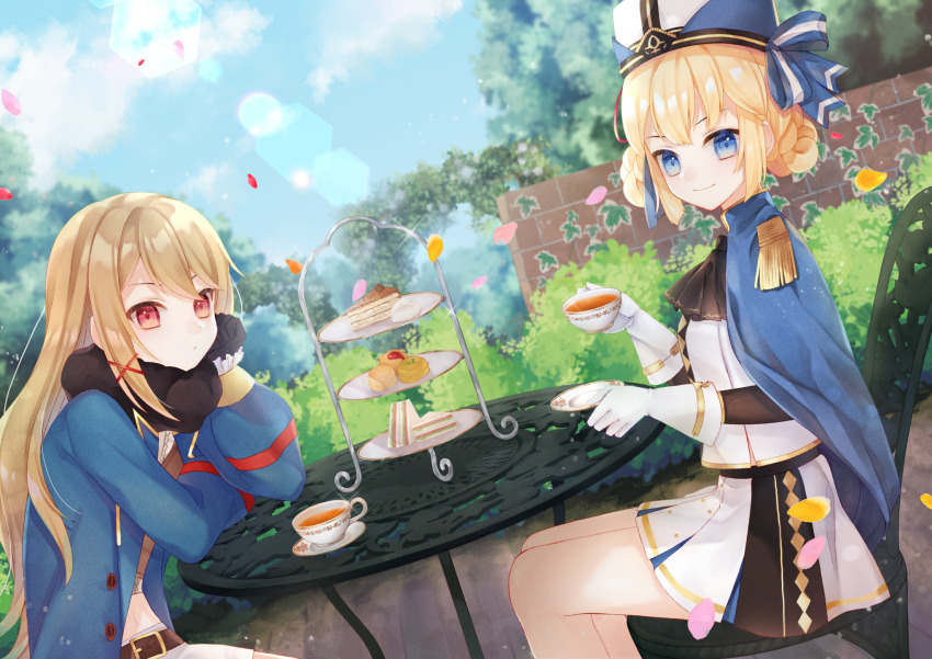 2girls, arch, ascot, azur_lane, belt, black_ascot, black_gloves, black_scarf