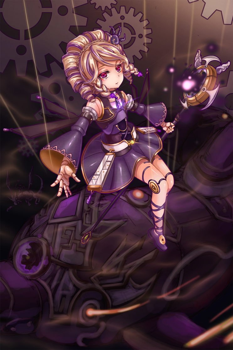 1girl, blonde_hair, curly_hair, doll_joints, duel_monster, el_shaddoll_wendigo, gears, glowing