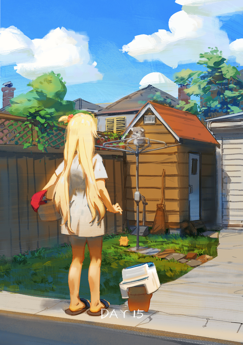 1girl, akai_haato, alternate_costume, blonde_hair, cloud, door, fence, garage