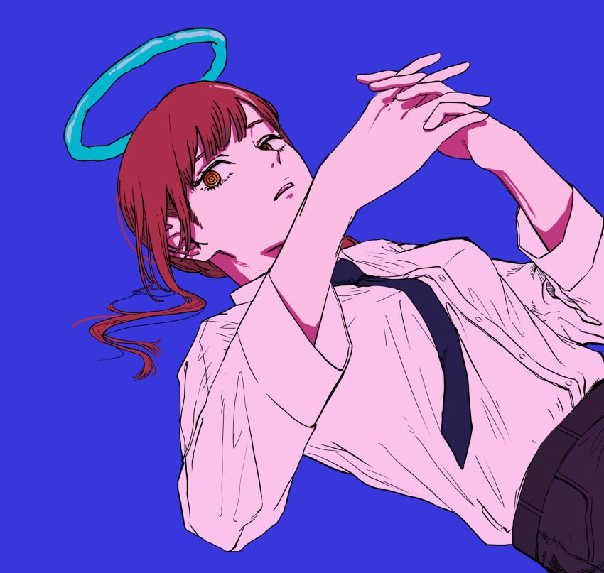 1girl, black_necktie, black_pants, blue_background, braid, braided_ponytail, breasts, brown_hair, business_suit, chainsaw_man, collared_shirt, formal_clothes, halo, highres, interlocked_fingers, long_sleeves, looking_at_viewer, looking_to_the_side, makima_(chainsaw_man), medium_breasts, medium_hair, necktie, neckwear_request, open_mouth, own_hands_together, pants, rappppppe, ringed_eyes, shirt, shirt_tucked_in, simple_background, solo, suit, yellow_eyes