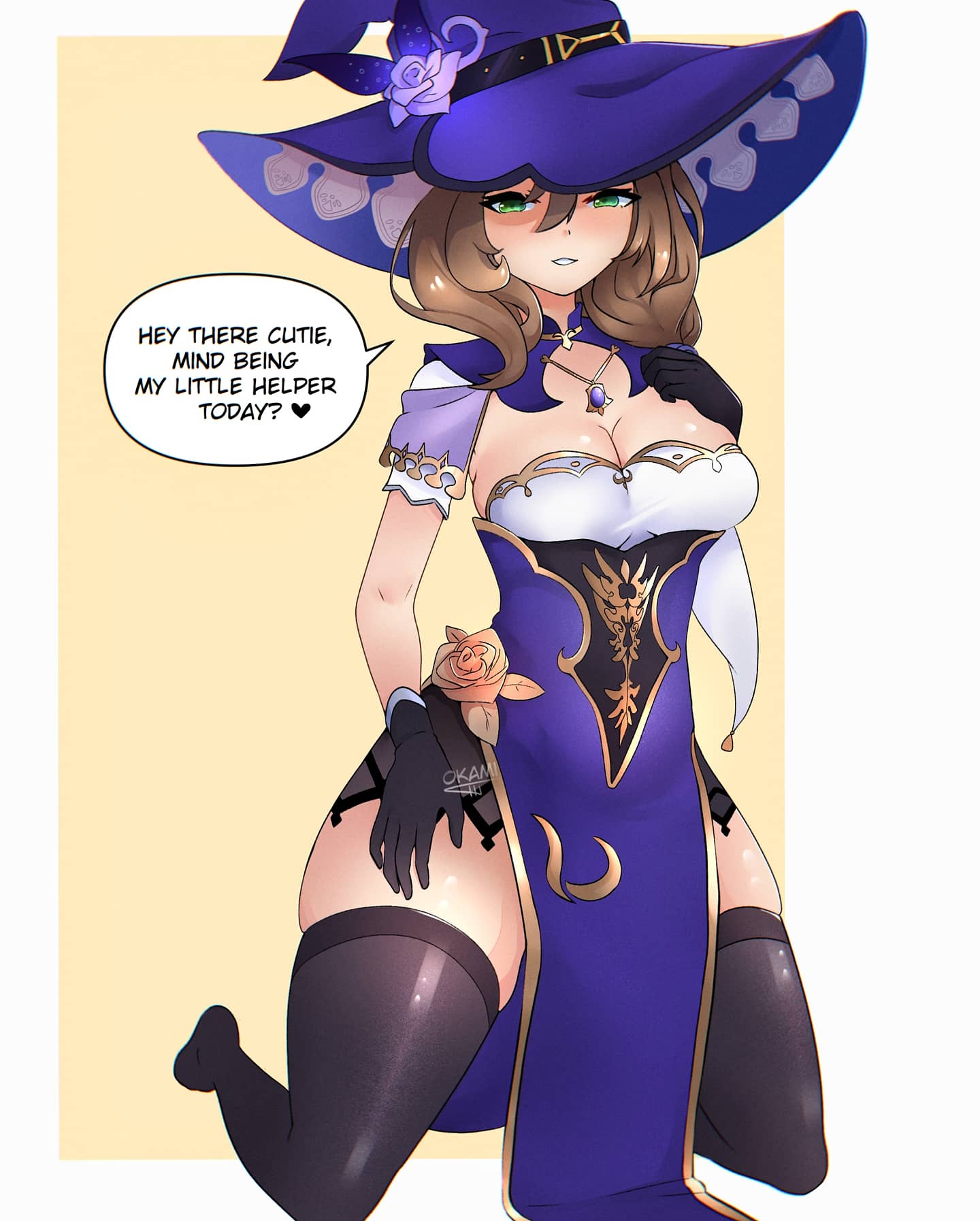 1girl, black_gloves, black_thighhighs, breasts, brown_hair, cleavage, dress, flower, genshin_impact, gloves, green_eyes, hat, highres, kneeling, lisa_(genshin_impact), looking_at_viewer, md5_mismatch, medium_breasts, okxmi, purple_dress, resolution_mismatch, rose, smile, smirk, solo, source_larger, thick_thighs, thighhighs, thighs, witch_hat