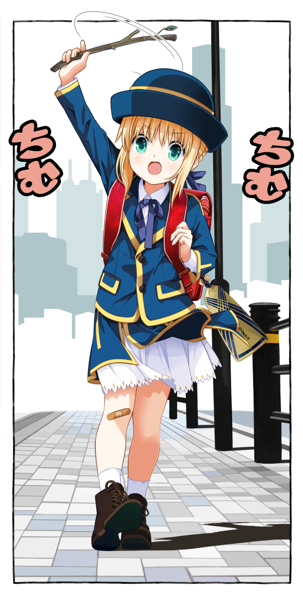 1girl, aged_down, alternate_costume, arm_up, artoria_pendragon_(fate), backpack, bag, bandaid