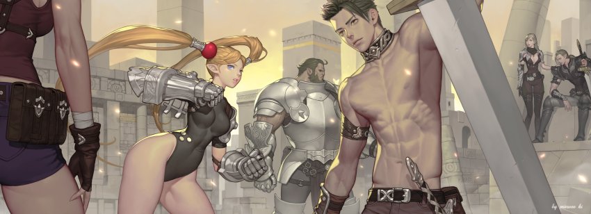 3boys, 3girls, abs, absurdres, armband, armor, bandages, bandaged_arm, belt, belt_pouch, black_leotard, blonde_hair, blue_eyes, breastplate, breasts, brown_gloves, choker, cleavage, clenched_hands, closed_mouth, covered_navel, facial_hair, fantasy, fingerless_gloves, gauntlets, gloves, greatsword, greaves, green_hair, hair_slicked_back, highres, holding, holding_sword, holding_weapon, huge_sword, huge_weapon, ki_min-woo, leotard, long_hair, multiple_boys, multiple_girls, muscular, mustache, navel, nipples, original, outdoors, parted_lips, pauldrons, pillar, pink_lips, pointy_ears, ponytail, pouch, ruins, scratches, topless_male, shoulder_armor, signature, sitting, standing, sword, twintails, vambraces, veins, very_long_hair, weapon, yellow-eyed_penguin