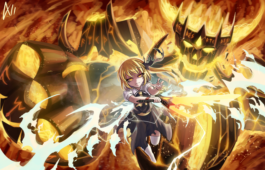 a-xii, arknights, black_dress, crossover, demon_horns, dress, electricity, fire