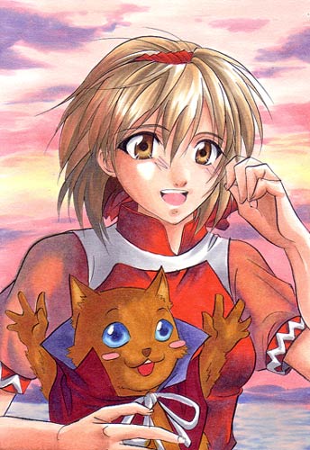 1girl, animal, animal_ear_fluff, breasts, brown_eyes, brown_hair, cape, cloud, cloudy_sky, flying_squirrel, gensou_suikoden, gensou_suikoden_ii, hair_ornament, happy, lowres, medium_hair, mukumuku, nanami_(suikoden), oono, open_mouth, outdoors, sky, small_breasts, smile, squirrel, sunset