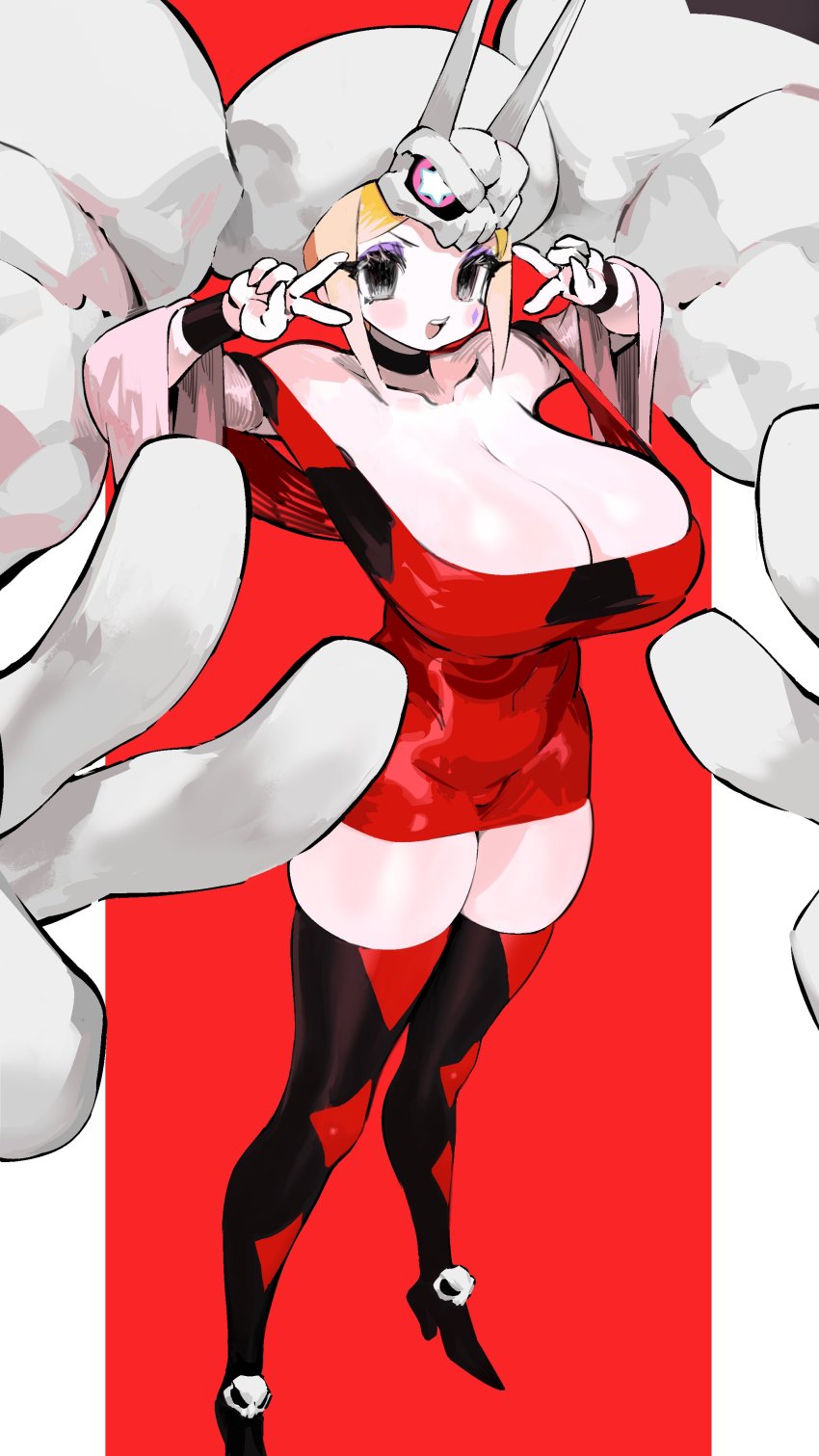 1girl, absurdres, alternate_color, blonde_hair, blush_stickers, boots, border, breasts