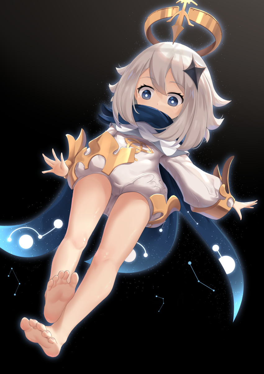 1girl, barefoot, black_background, blue_cape, blue_eyes, blue_scarf, cape, feet, foot_focus, foreshortening, full_body, genshin_impact, hair_between_eyes, hair_ornament, halo, highres, long_sleeves, looking_at_viewer, medium_hair, paimon_(genshin_impact), romper, scarf, shiro_piazi, soles, solo, white_hair, white_romper