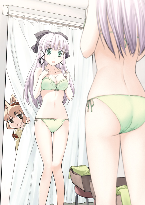 2girls, animal_ears, artistic_error, ass, bad_reflection, blurry, bow, bow_bra, bow_panties, bra, breasts, breasts_squeezed_together, cat_ears, cleavage, curtains, depth_of_field, dressing_room, green_bra, green_eyes, green_panties, hair_bow, knees_together_feet_apart, komiya_yuzu, lace, lace-trimmed_bra, lace_trim, lingerie, long_hair, mayu_(nekogami_yaoyorozu), medium_breasts, mirror, multiple_girls, nekogami_yaoyorozu, panties, peeking, purple_hair, reflection, side-tie_panties, takahata_yuki, underwear, underwear_only, undressing, voyeur_pov
