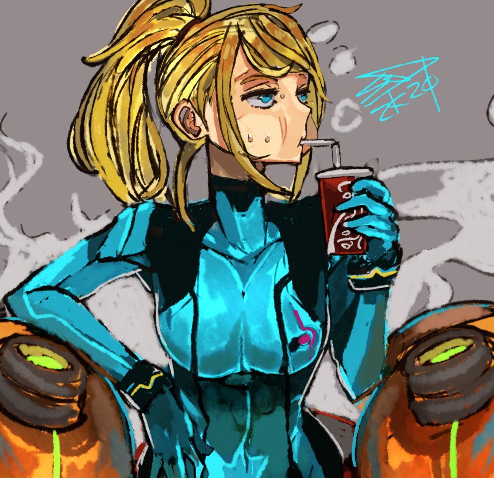 1girl, arm_support, armor, blonde_hair, blue_bodysuit, blue_eyes, blue_gloves, bodysuit, breasts, cheek_bulge, commentary, covered_collarbone, covered_navel, cup, dated, disposable_cup, drinking, drinking_straw, drinking_straw_in_mouth, gloves, grey_background, half-closed_eyes, high_ponytail, holding, large_breasts, long_hair, looking_at_viewer, looking_away, messy_hair, metroid, metroid:_samus_returns, nintendo, ponytail, power_suit_(metroid), sam_wells, samus_aran, shoulder_armor, sidelocks, signature, simple_background, solo, standing, steam, super_smash_bros., sweat, swept_bangs, varia_suit, zero_suit