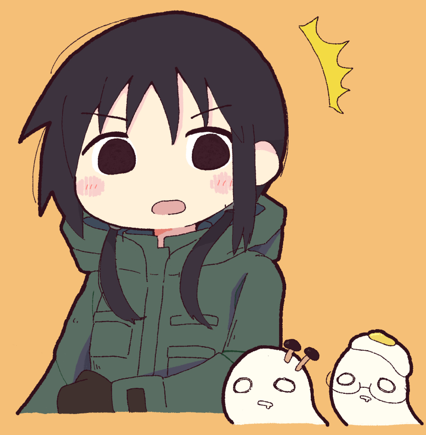 1girl, 2others, ^^^, black_gloves, black_hair, blush, chito_(shoujo_shuumatsu_ryokou), creature