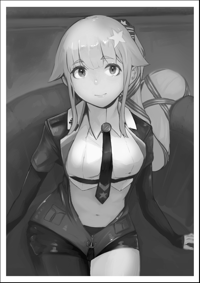 1girl, absurdres, cosplay, eimusu_(yassun83), greyscale, hair_flaps, hair_ribbon, highres