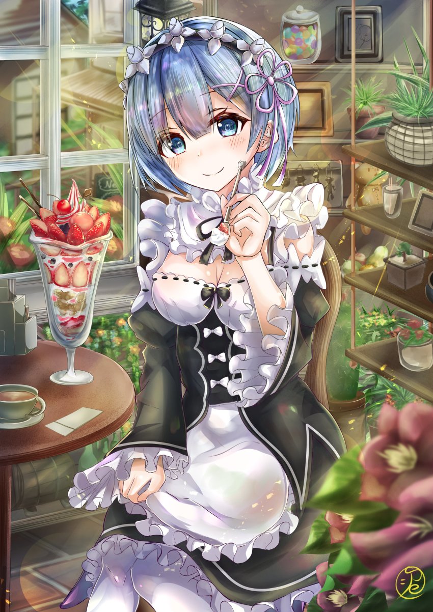 1girl, absurdres, apron, black_bow, black_dress, blue_eyes, blue_hair, blurry