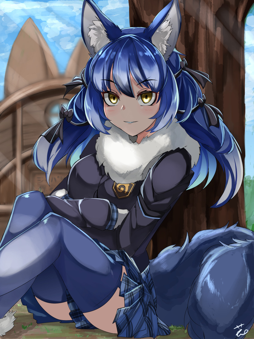 1girl, absurdres, animal_ear_fluff, animal_ears, blue_hair, blue_thighhighs, commentary_request, crossed_arms