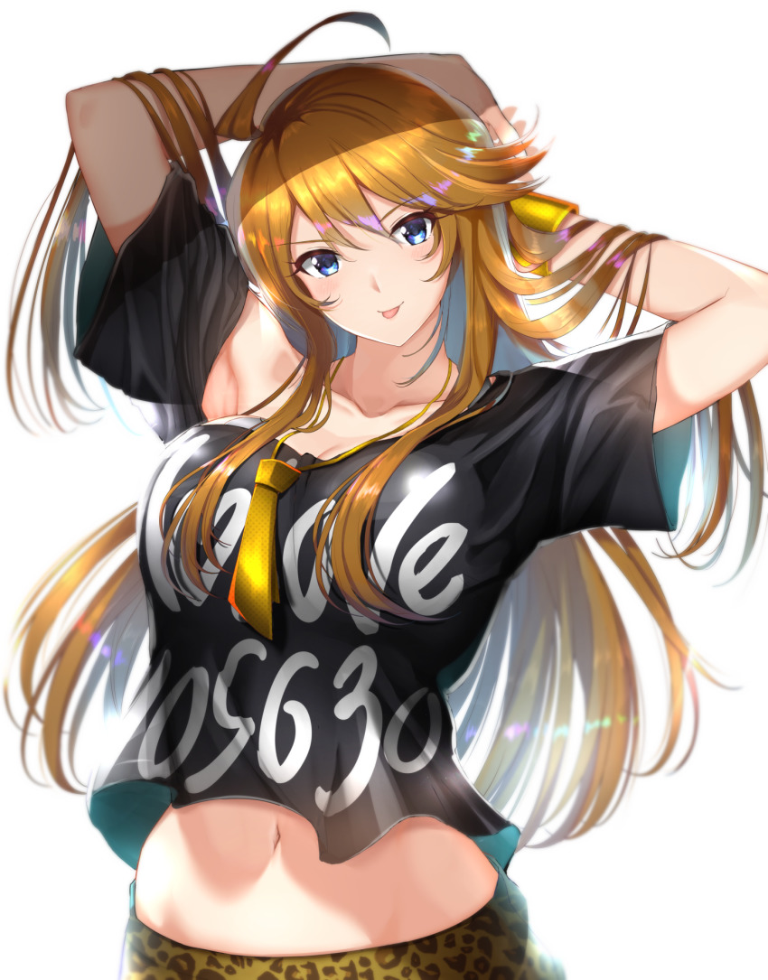 1girl, :p, ahoge, animal_print, arms_behind_head, arms_up, blush, breasts