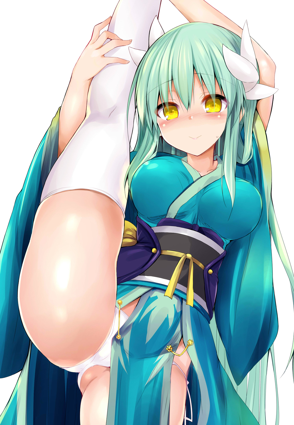 1girl, aqua_hair, aqua_kimono, blush, breasts, dragon_girl, dragon_horns, fate/grand_order