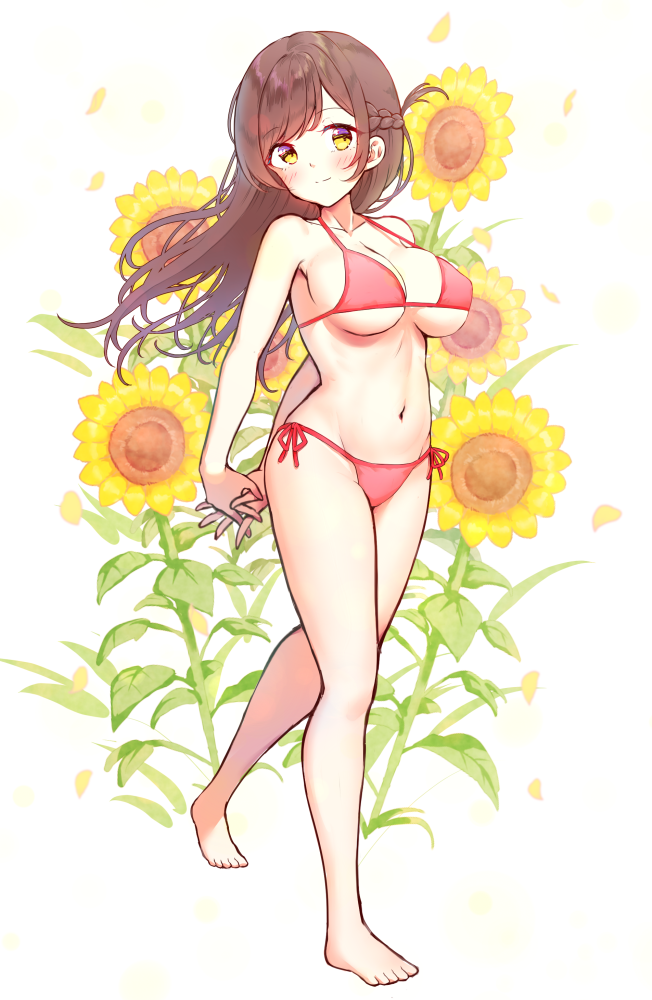 1girl, arms_behind_back, bare_arms, bare_legs, bare_shoulders, barefoot, bikini, blush, braid, breasts, brown_hair, c8oyk, closed_mouth, collarbone, flower, full_body, groin, halterneck, interlocked_fingers, kanojo_okarishimasu, large_breasts, long_hair, mizuhara_chizuru, navel, own_hands_together, petals, pink_bikini, side-tie_bikini_bottom, smile, solo, string_bikini, sunflower, swept_bangs, swimsuit, very_long_hair, white_background, yellow_eyes, yellow_flower
