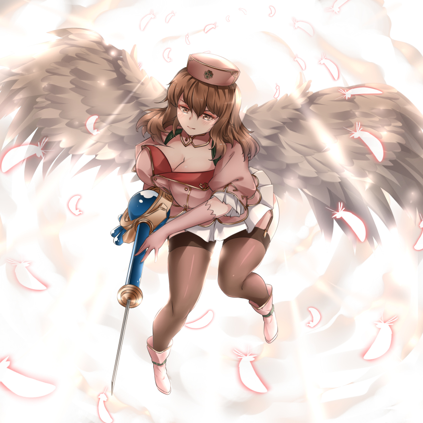 1girl, absurdres, angel_wings, breasts, brown_eyes, brown_hair, cleavage, flying