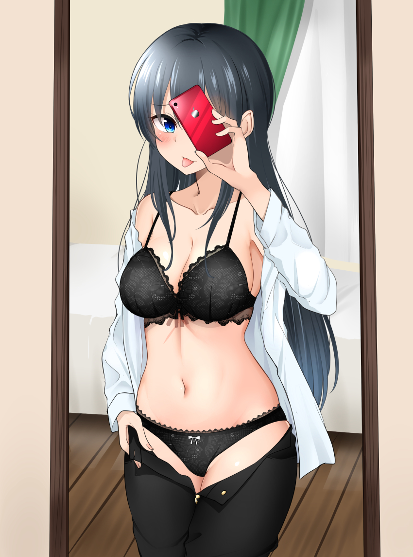 1girl, absurdres, black_bra, black_hair, black_panties, black_pants, blue_eyes, bow, bow_panties, bra, breasts, cellphone, commentary_request, covering_face, full-length_mirror, highres, holding, holding_phone, indoors, kiyu_fuyuki, large_breasts, long_hair, long_sleeves, looking_at_mirror, mirror, mirror_selfie, navel, open_clothes, open_shirt, original, panties, pants, phone, phone_over_face, reaching, reaching_towards_viewer, reflection, selfie, shirt, smartphone, solo, standing, tongue, tongue_out, underwear, very_long_hair, white_shirt