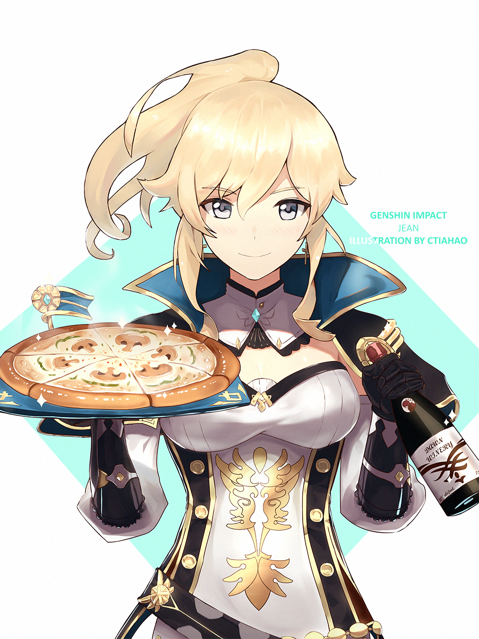 1girl, artist_name, blonde_hair, bottle, character_name, copyright_name, ctiahao, food, genshin_impact, grey_eyes, highres, holding, holding_bottle, holding_tray, jean_(genshin_impact), medium_hair, pizza, solo, tray, wine_bottle