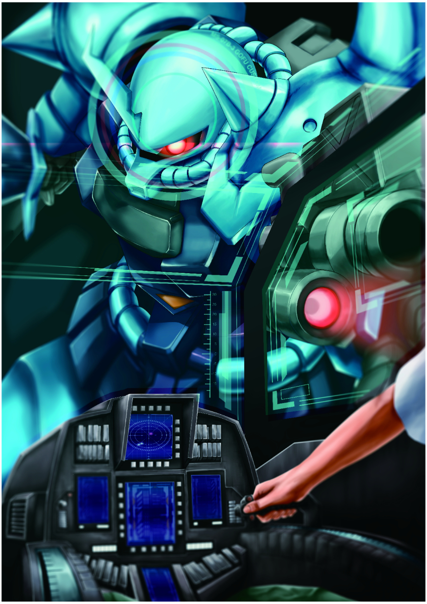 close-up, cockpit, glowing, glowing_eye, gouf_custom, gundam, gundam_08th_ms_team, highres, horns, looking_at_viewer, mecha, one-eyed, pov, red_eyes, robot, single_horn, sunflower_(tomodog422), zeon