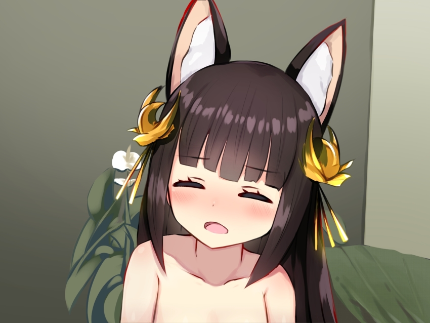 1girl, animal_ears, azur_lane, blush, brown_hair, closed_eyes, fox_ears, fuki_to_takenoko, hair_ornament, highres, indoors, long_hair, manatsu_no_yo_no_inmu, nagato_(azur_lane), open_mouth, parody, plant, solo, topless_female, upper_body