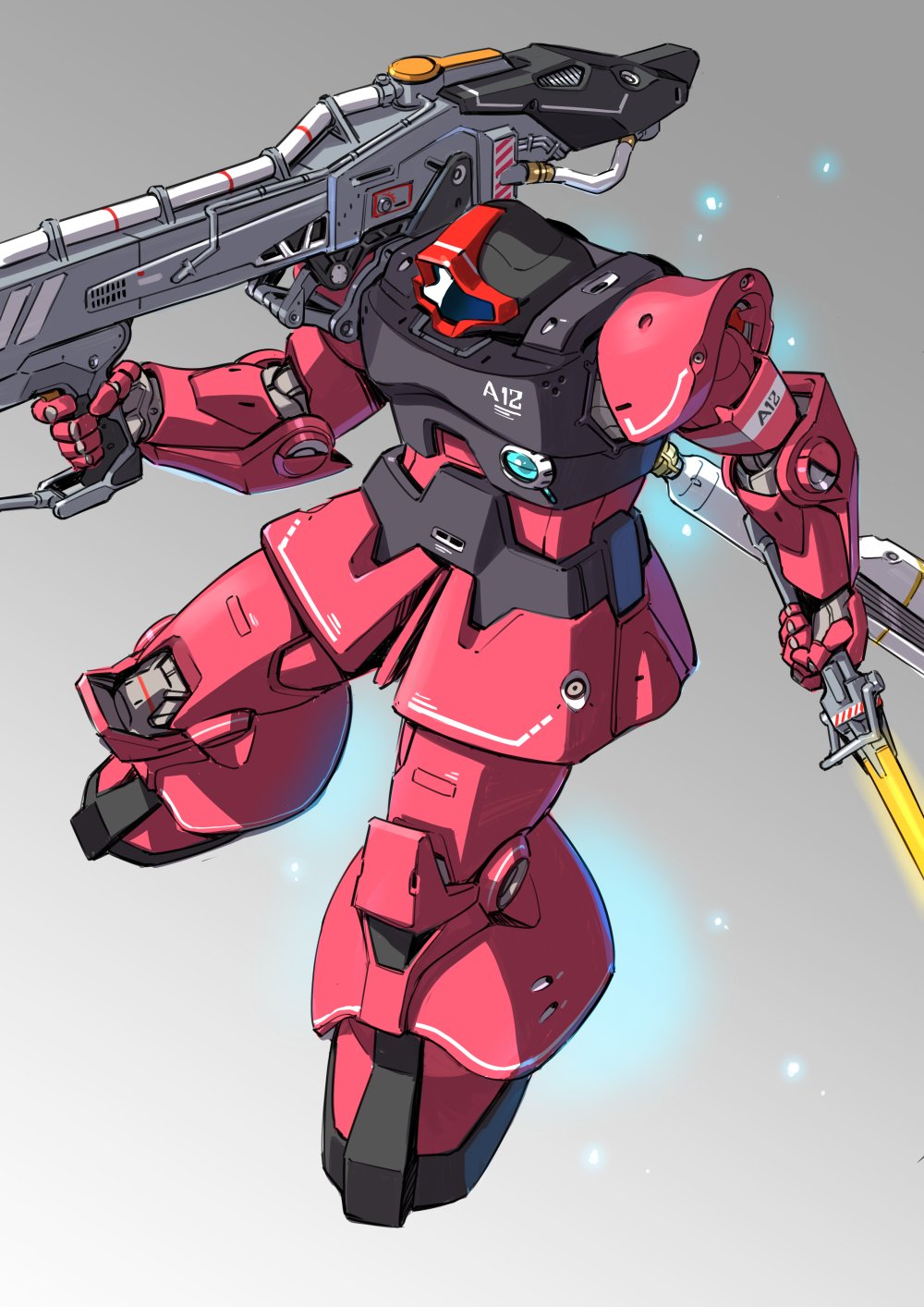 bazooka_(gundam), floating, grey_background, gun, gundam, highres, holding, holding_gun, holding_sword, holding_weapon, looking_down, mecha, mobile_suit_gundam, no_humans, rick_dom_char_custom, robot, solo, suzutsuki_kurara, sword, weapon, zeon