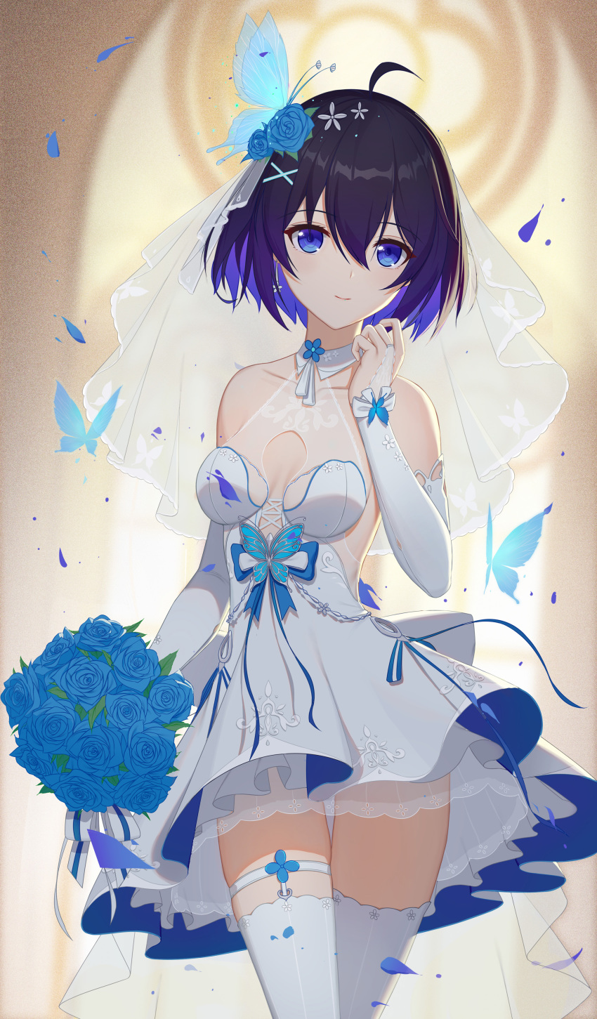 1girl, absurdres, ahoge, bare_shoulders, black_hair, blue_butterfly, blue_eyes, blue_flower