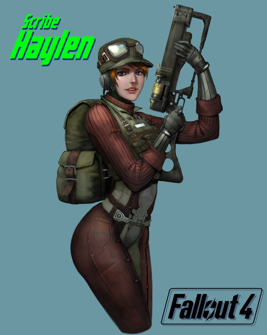 1girl, absurdres, bag, blonde_hair, blue_eyes, breasts, brotherhood_of_steel, character_name, copyright_name, earphones, energy_gun, fallout, fallout_4, goggles, gun, highres, koutetsu_teikoku, laser_rifle, lips, original, short_hair, weapon, zamash