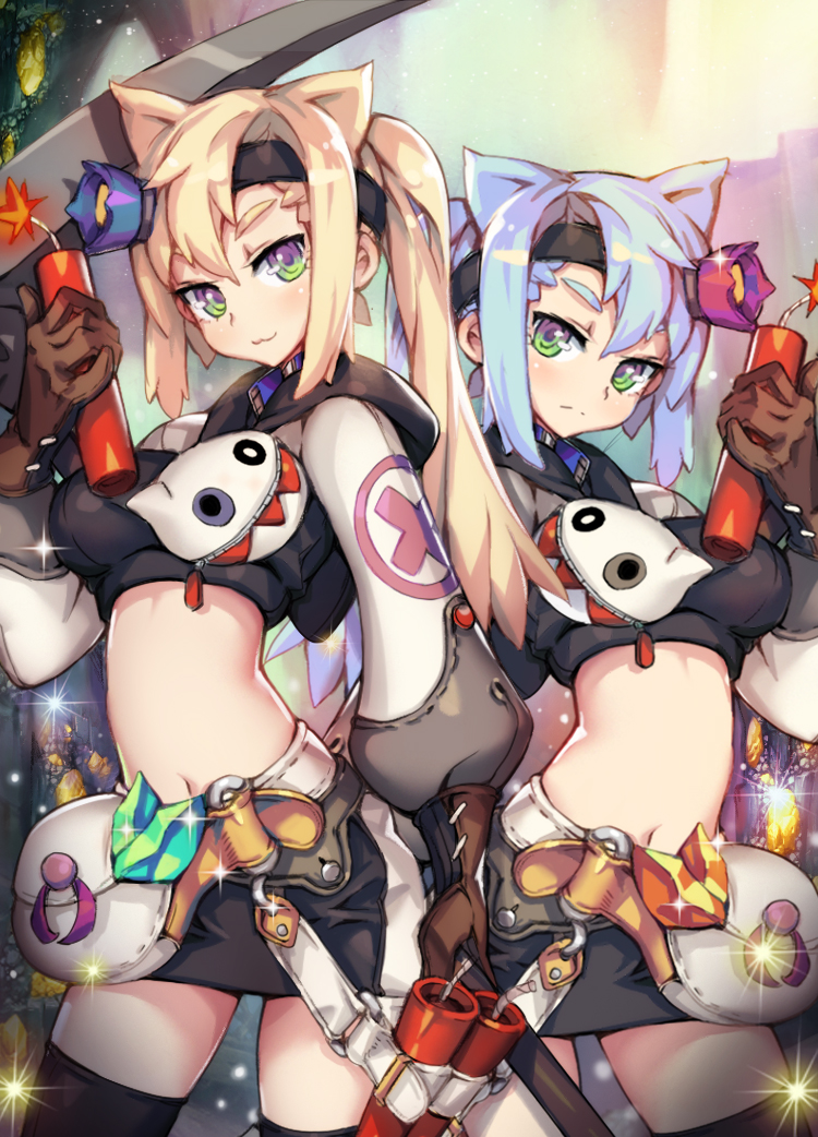 1girl, black_thighhighs, blonde_hair, blue_hair, bomb, dynamite, explosive, green_eyes