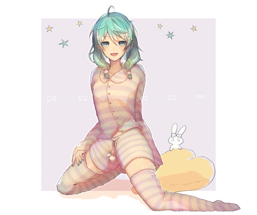 1boy, :d, absurdres, ahoge, asagiri0700, rabbit_hair_ornament, full_body, green_eyes, green_hair, green_nails, hair_ornament, heart, heart-shaped_pillow, highres, holostars, kagami_kira, kneeling, long_sleeves, looking_at_viewer, male_focus, medium_hair, nail_polish, open_mouth, pajamas, pillow, pom_pom_(clothes), rabbit, shorts, smile, solo, thighhighs, trap, virtual_youtuber