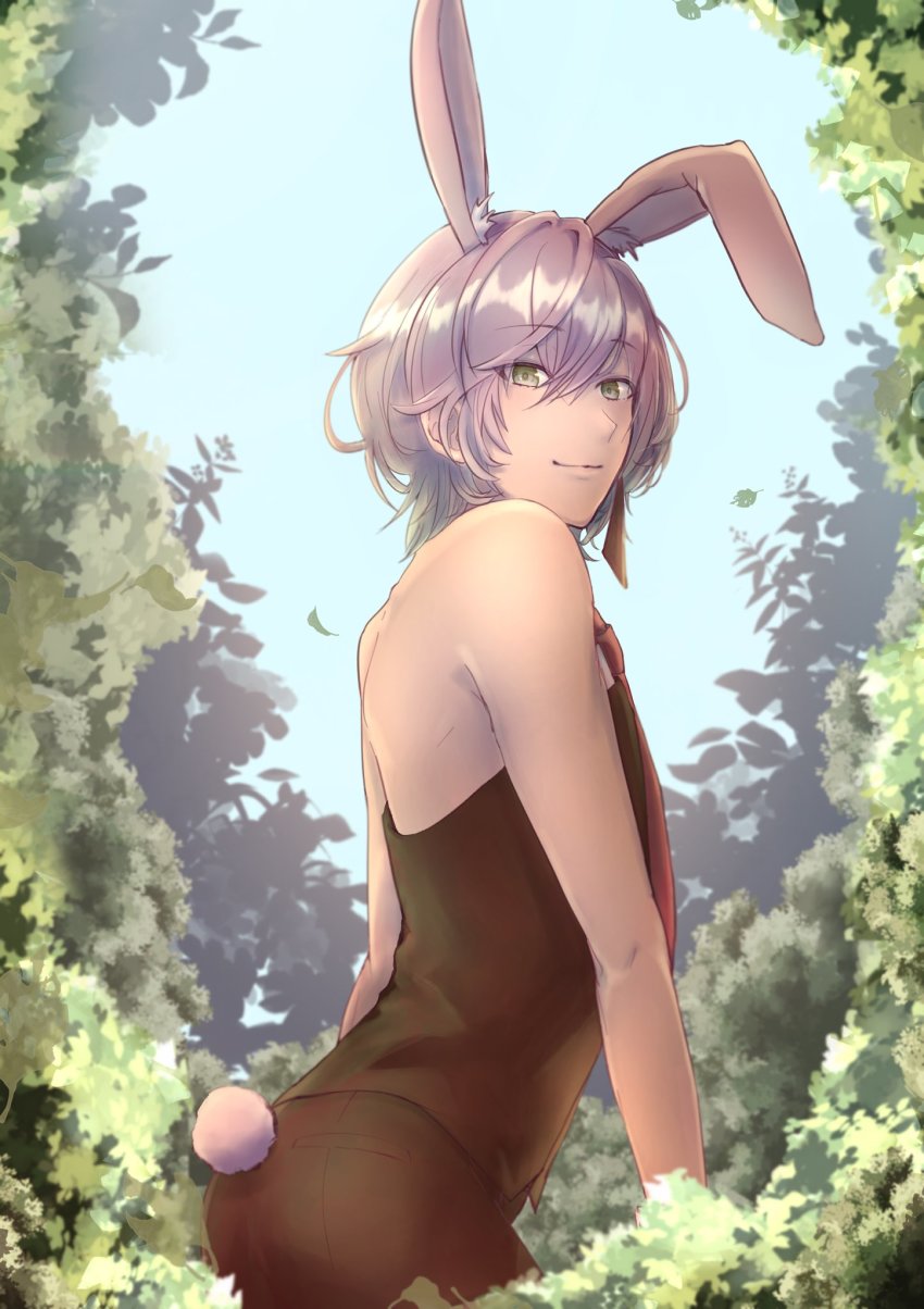 1boy, animal_ears, asagiri0700, ass, bare_arms, blue_sky, closed_mouth, commentary_request