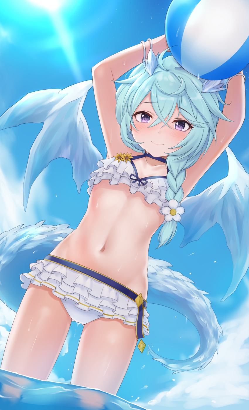1girl, ball, bangle, bare_arms, bare_shoulders, beachball, bikini, blue_choker, blue_hair, blue_sky, bracelet, braid, breasts, choker, closed_mouth, cloud, collarbone, commentary_request, day, dragon_girl, dragon_horns, dragon_tail, dragon_wings, flower, frilled_bikini, frills, hair_between_eyes, hair_flower, hair_ornament, highres, holding, holding_ball, horns, jewelry, long_hair, looking_at_viewer, myuu_(arisumeria), navel, outdoors, princess_connect!, purple_eyes, scales, sheffy_(princess_connect!), sheffy_(summer)_(princess_connect!), sky, small_breasts, smile, solo, standing, sunlight, swimsuit, tail, water, white_bikini, white_flower, white_wings, wings, yellow_flower