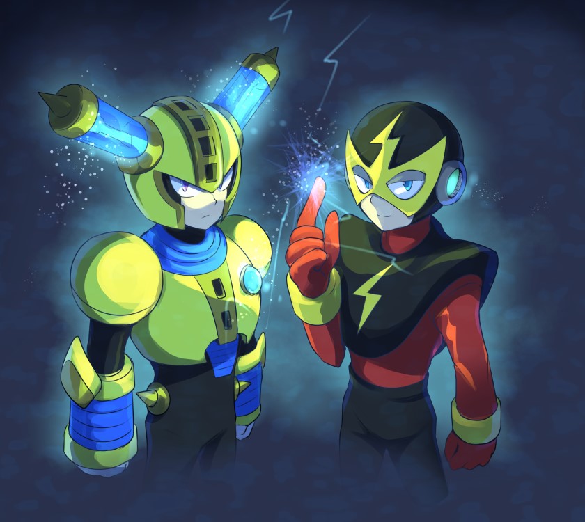 blue_eyes, capcom, powering_up, elec_man, electricity, frown, fuse, fuse_man