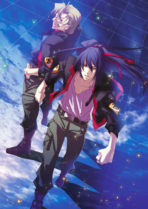 00s, 2boys, bad_id, bad_pixiv_id, blonde_hair, blue_hair, glasses, jacket