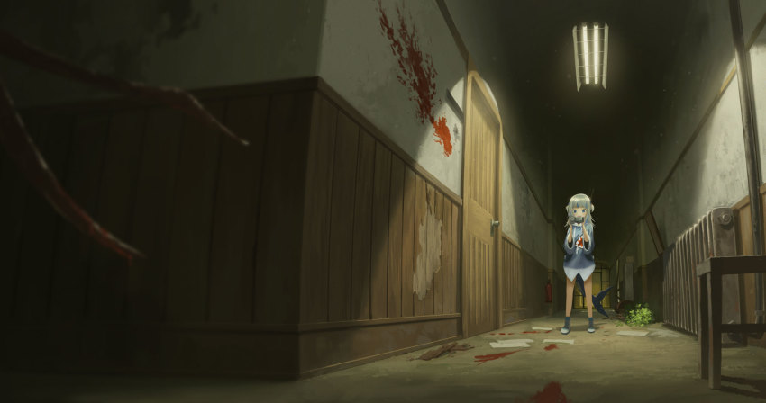 1girl, bad_id, bad_twitter_id, blood, blood_on_wall, blue_eyes, blue_hair, blue_hoodie, blue_socks, boots, camcorder, camera, commentary, door, etta, fins, fire_extinguisher, fish_tail, fluorescent_lamp, gawr_gura, gawr_gura_(1st_costume), grey_hair, hair_ornament, highres, holding, holding_camera, hololive, hololive_english, hood, hood_down, hoodie, horror_(theme), indoors, long_hair, looking_at_object, monster, multicolored_hair, multicolored_hoodie, outlast, plant, potted_plant, radiator, ruins, shark_girl, shark_hair_ornament, shark_hoodie, shark_tail, smile, socks, solo, standing, streaked_hair, tail, two_side_up, video_camera, virtual_youtuber, white_boots, wide_shot