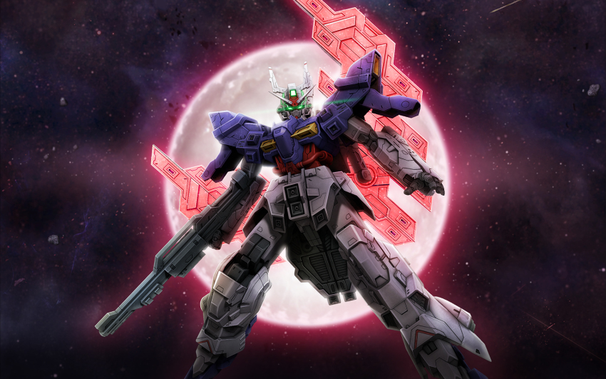 asteroid, beam_rifle, energy_gun, glowing, glowing_eyes, glowing_lines, gun, gundam